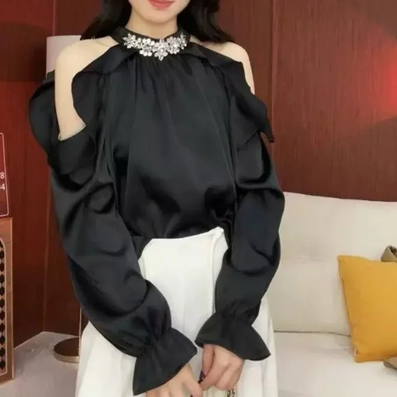 halter top long sleeve cold shoulder sequin neckline ruffled collared blouse - Picture 2 of 6